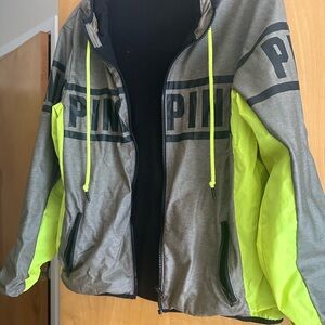 Pink hooded rain jacket